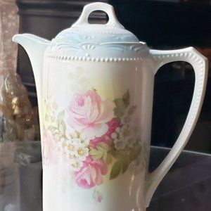 ANTIQUE GERMAN PORCELAIN CERAMIC PINK ROSES CHOCOLATE COFFEE TEA POT